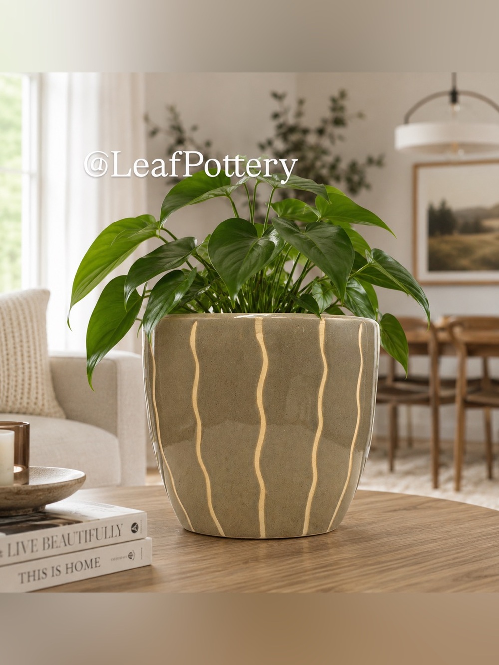 Ceramic Planter Pot 6" - Wave Pattern Indoor Plant Pot, Neutral Clay Flower Pot